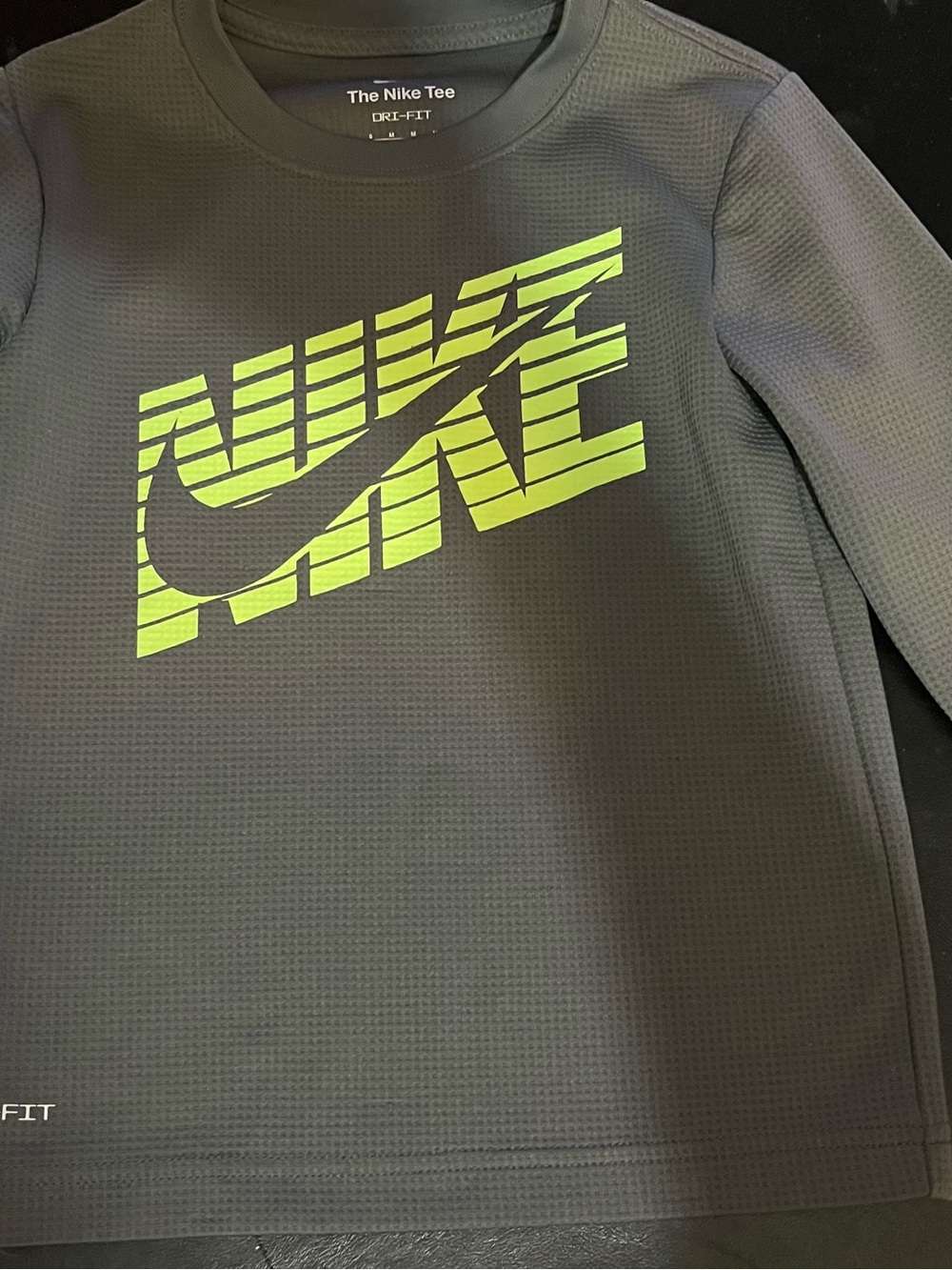 Nike Kids Long Sleeve Tee in Charcoal with Neon Green Logo
